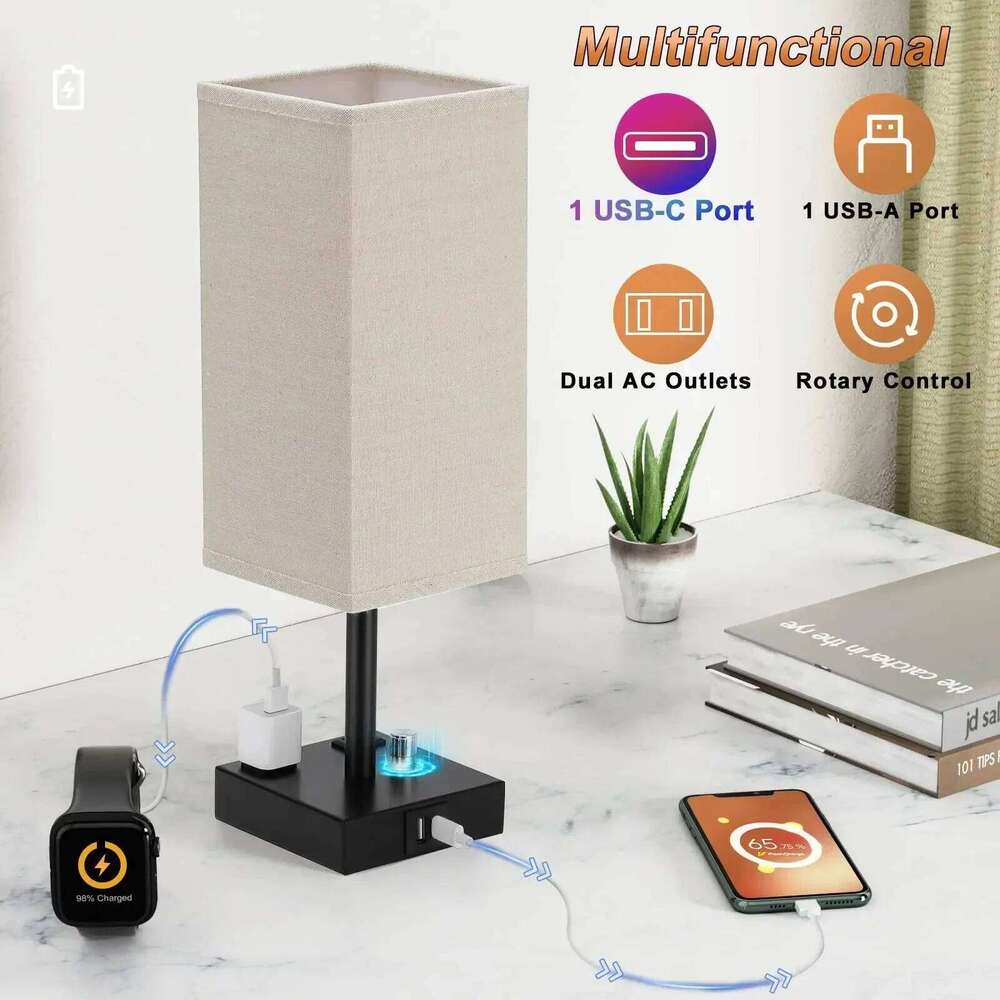 LED Desk Fully Dimmable Bedside Lamps with USB C+A Charge Ports Eye Protection Reading Light Table Lamp Grey Fabric Shade Z260227