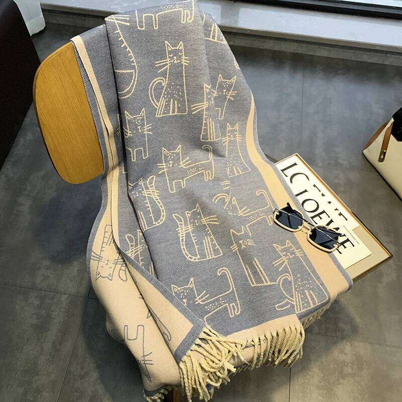 2025 New Thickened Fringe Scarf Women, Cat Printed Faux Cashmere Hot Sale Stole for Autumn and Winter Warm Neckmer Z260226