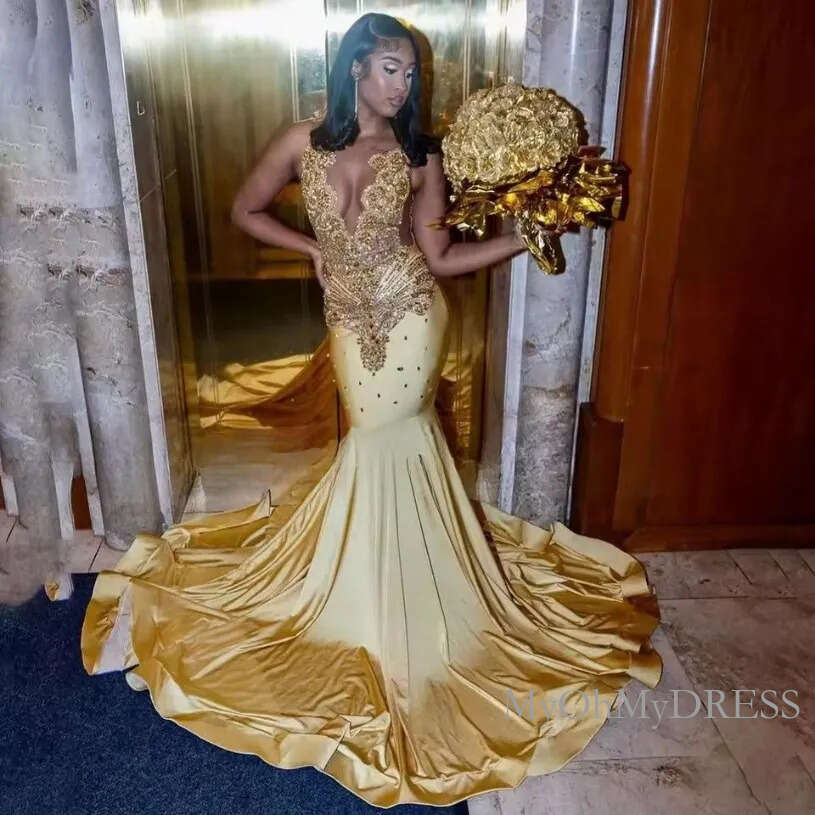 Sexy Gold Sequins Mermaid Prom Dresses For Black Girls 2026 Glitter Crystal Plus Size Backless Evening Occasion Birthday Gowns Customized J02 B0227
