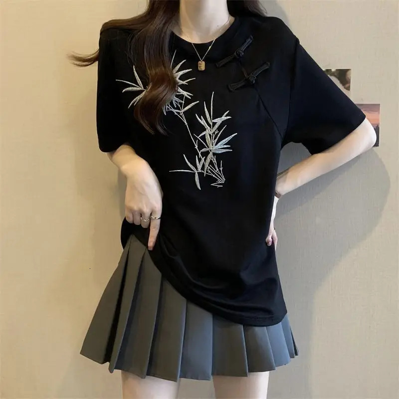 Chinese Style Bamboo Embroidery Frog Button Short Sleeve Tshirt Womens Summer Loose Slim Top 260227