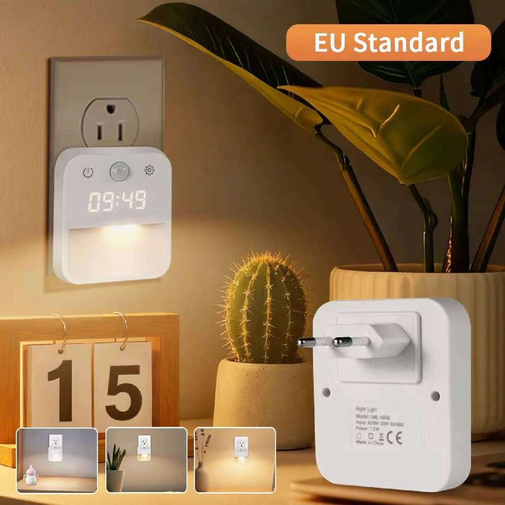 Motion Sensor LED Night with Time Display EU and US Socket Plug-in Wall Lamp Smart Sensing Light for Hallway Stair Bedroom Z260227