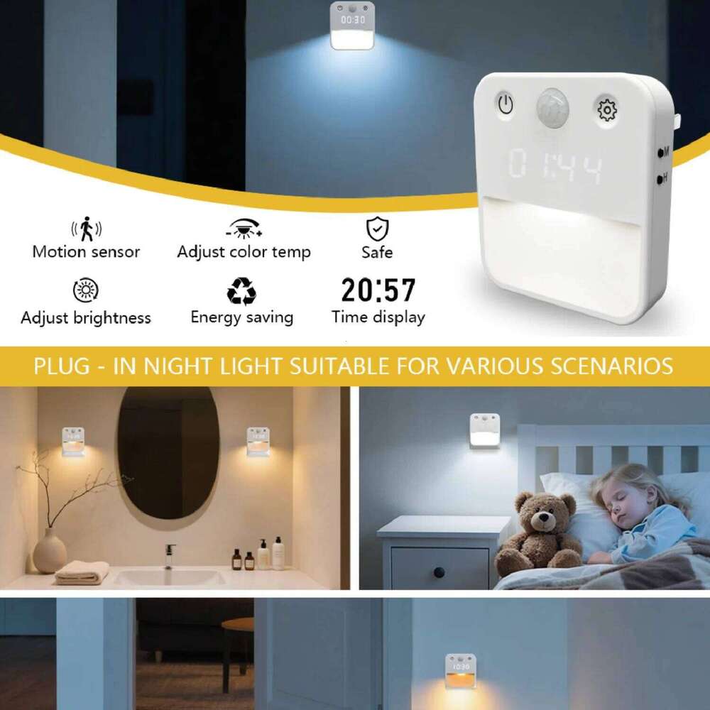 Motion Sensor LED Night with Time Display EU and US Socket Plug-in Wall Lamp Smart Sensing Light for Hallway Stair Bedroom Z260227