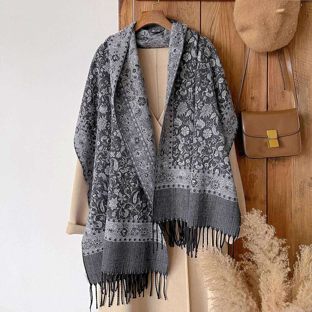 Women Winter Fashionable Tassel Shawl Thickened Imitation Cashmere Scarves Ethnic Style Warm Blanket Cape Headscarf Scarf Z260226