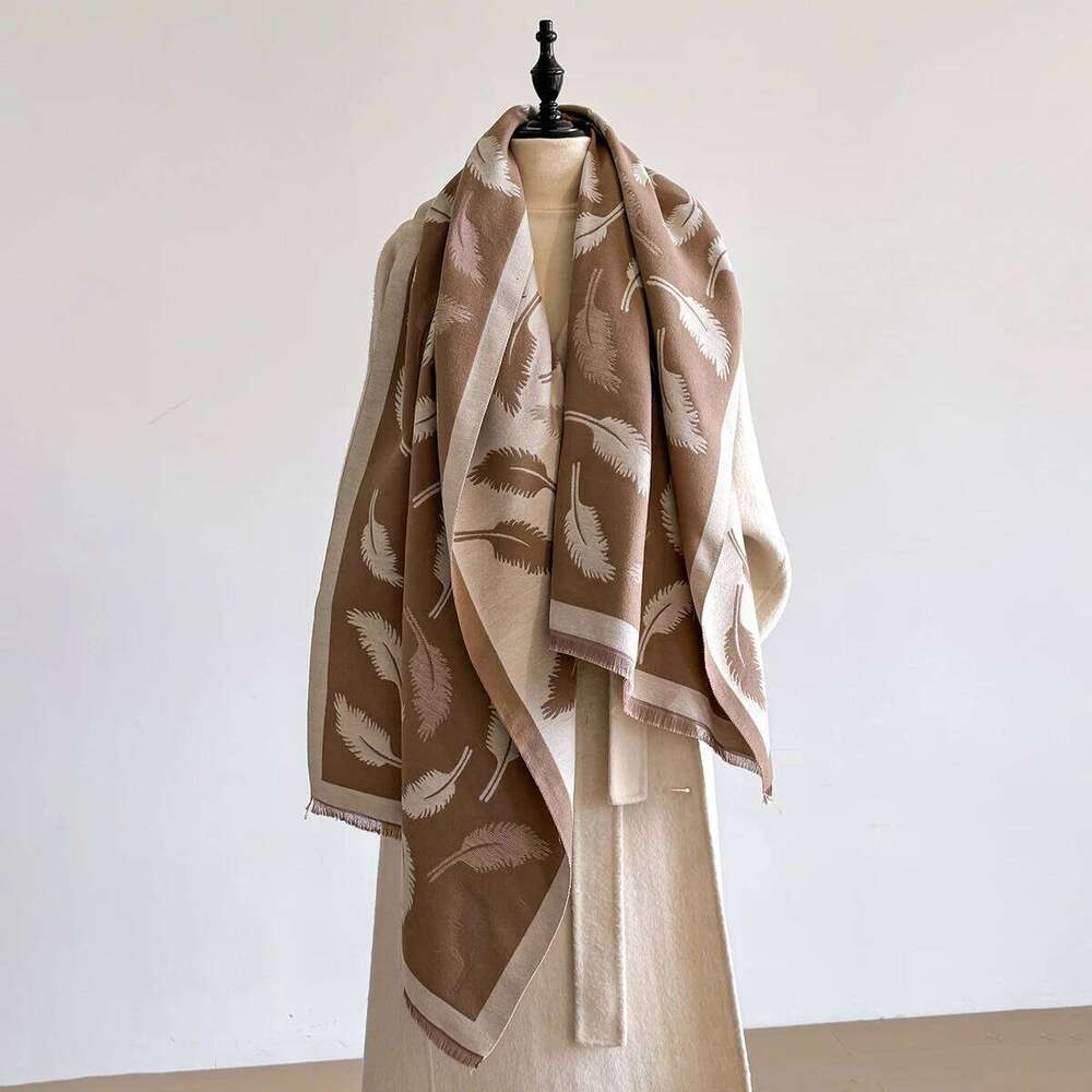 Women's Winter Faux Cashmere Thick Feather-Cashew Flower Design Warm Blanket Scarf Fashionable Luxurious Accessory Z260226
