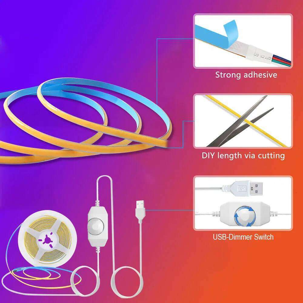 3mm COB Strip Light with Adjustable Color Temperature Warm/White & Dimmable Brightness Knob Switch for TV Backlight, Cabinets Z260226