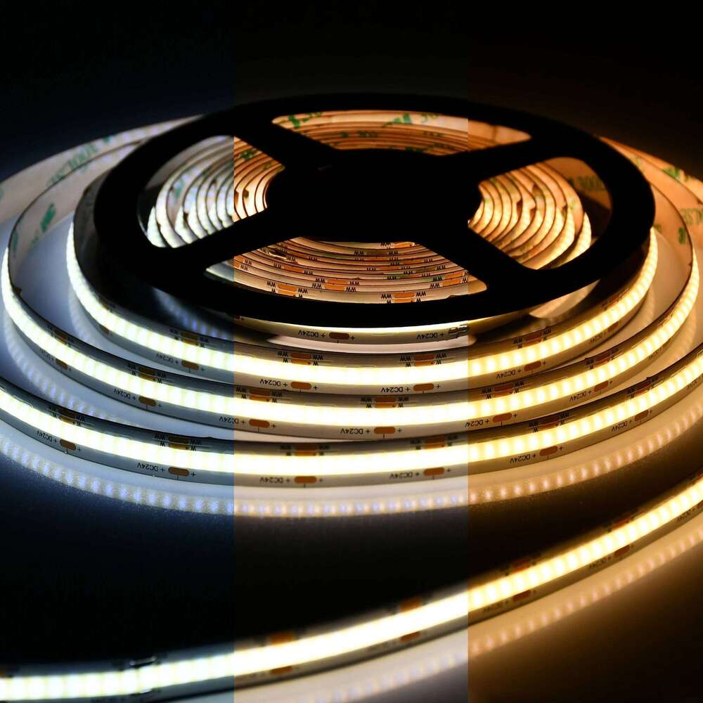 COB CCT LED Light Strip 608LEDs Flexible FOB 10mm Tape Lights RA90 Warm White Linear Dimmable 24V Color Temperature Adjustable Z260226