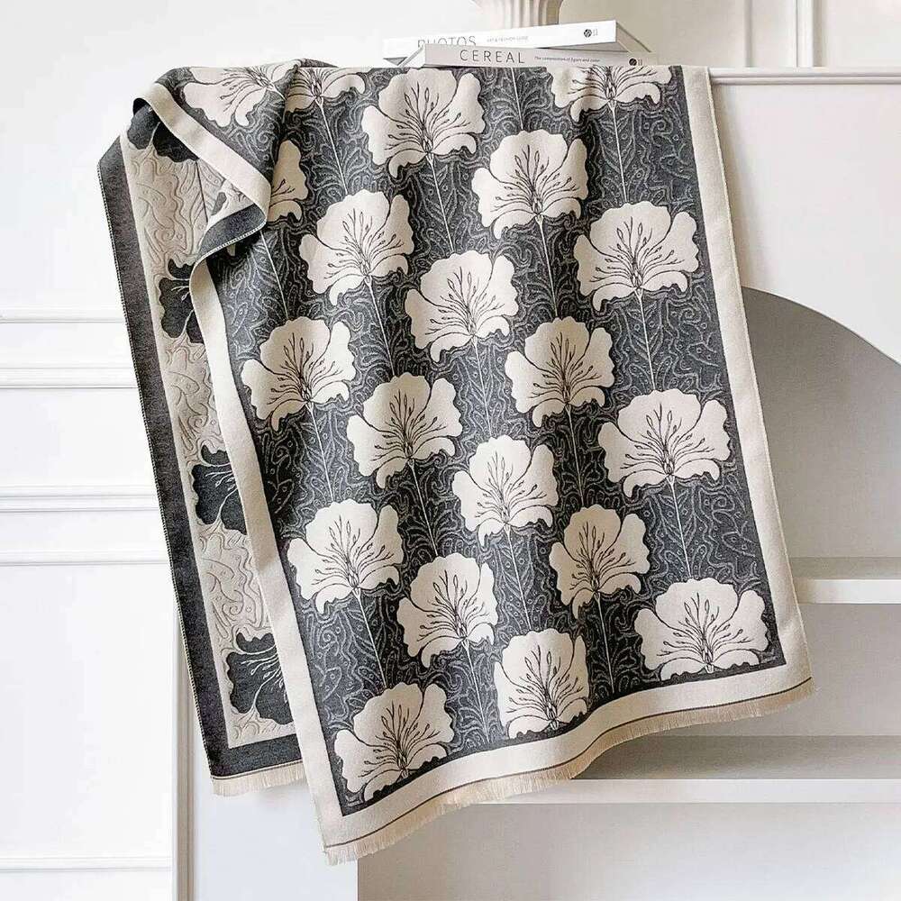 2025 Elegant Flowers Design Imitation Cashmere Soft Warm Fringe Shawl New Autumn Winter Coldproof Windproof Blanket Scarf Z260226