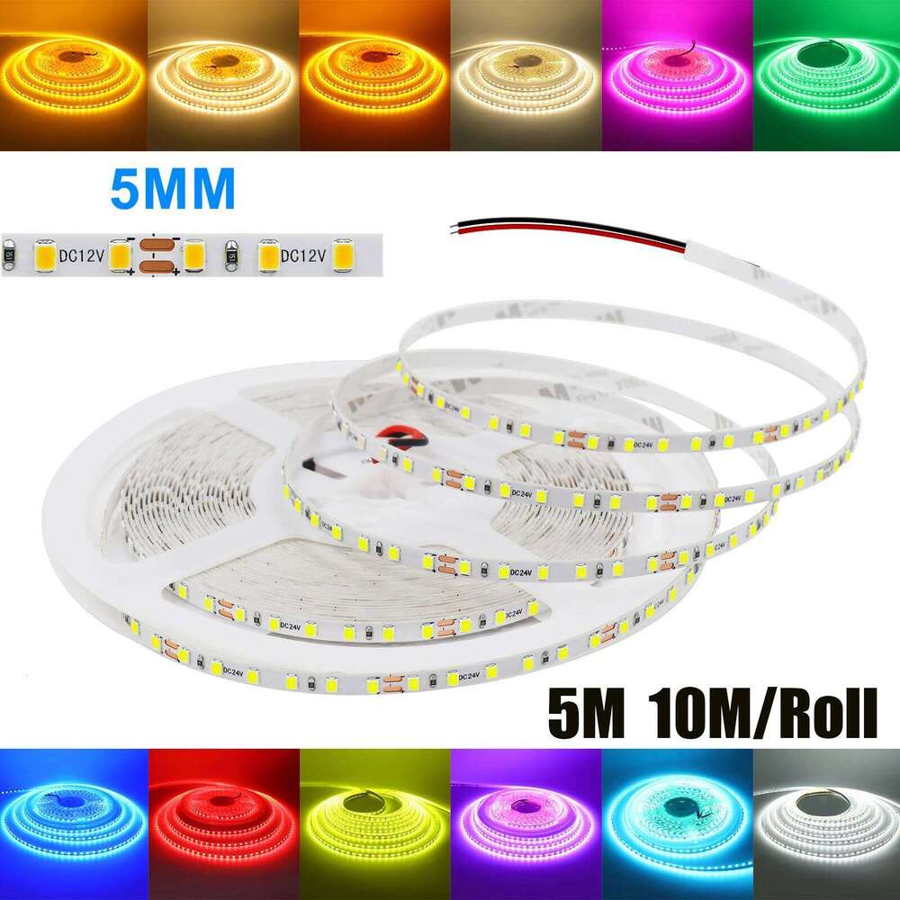 DC 12V 24V 2835 120LEDs/M LED Strip White/Green/Red/Blue/Pink/Yellow/Ice Blue IP21 Flexible Ribbon Tape Rope Light 5M 10M/Roll Z260226