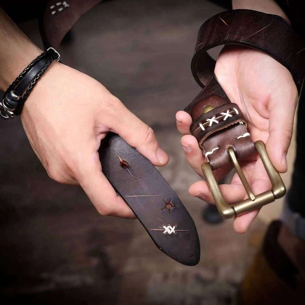 Vintage Genuine Leather Men's Belt Solid Brass Buckle, Handmade Casual Pin Buckle Thickened Italian Cowhide With Gift Box Z260226