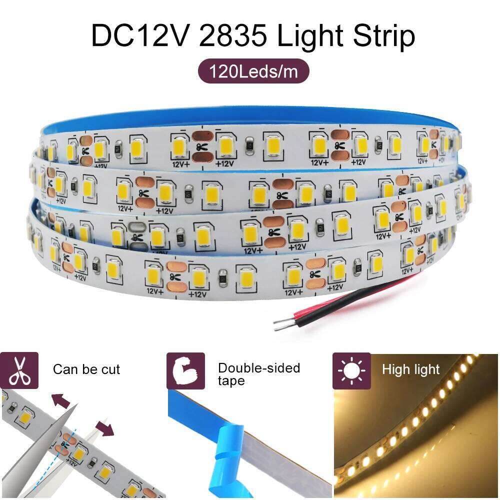 DC 12V 2835 120LEDs/M LED Strip Red/Blue/Pink/Yellow/Ice Blue/White/Green Home Decor Flexible Ribbon Tape Rope Light 5M/Roll Z260226