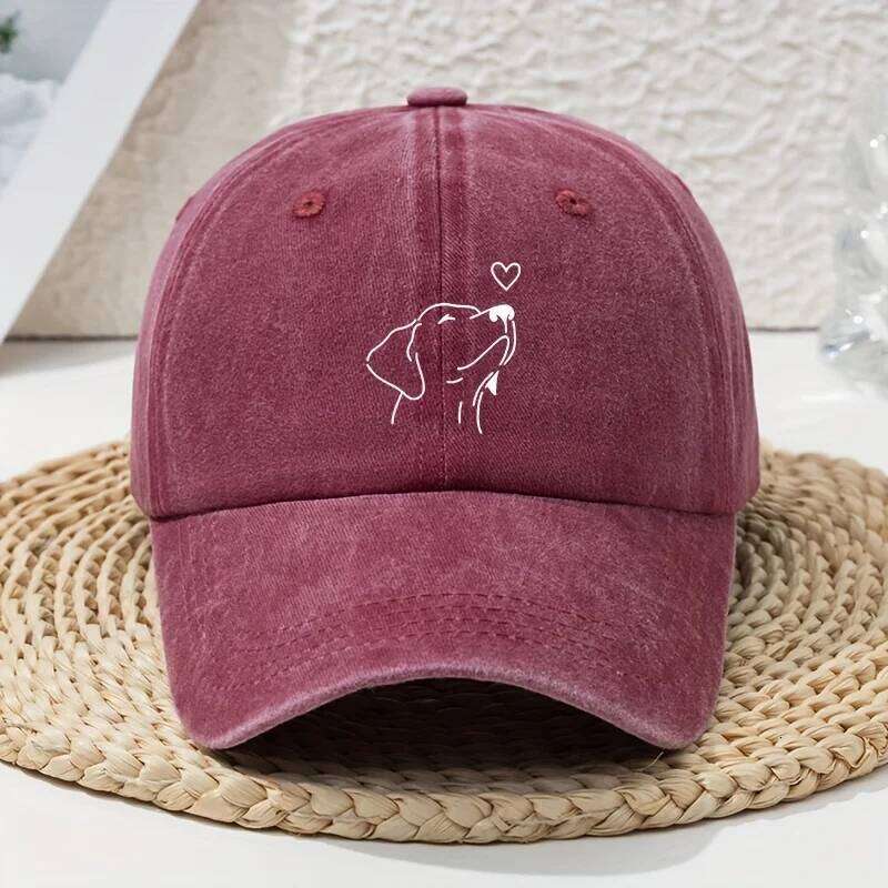 White line dog print women's versatile for spring and summer, retro soft top baseball cap, dad hat, vintage Z260226