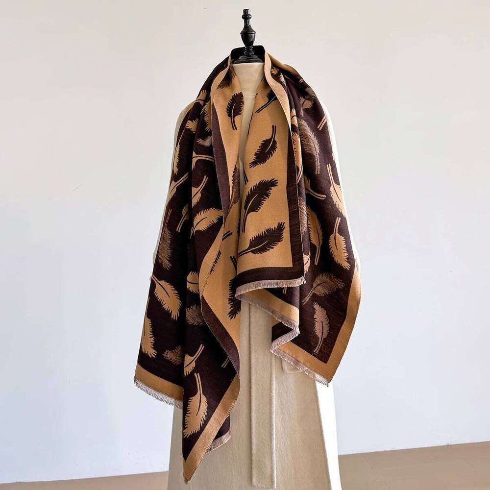 Women's Winter Faux Cashmere Thick Feather-Cashew Flower Design Warm Blanket Scarf Fashionable Luxurious Accessory Z260226