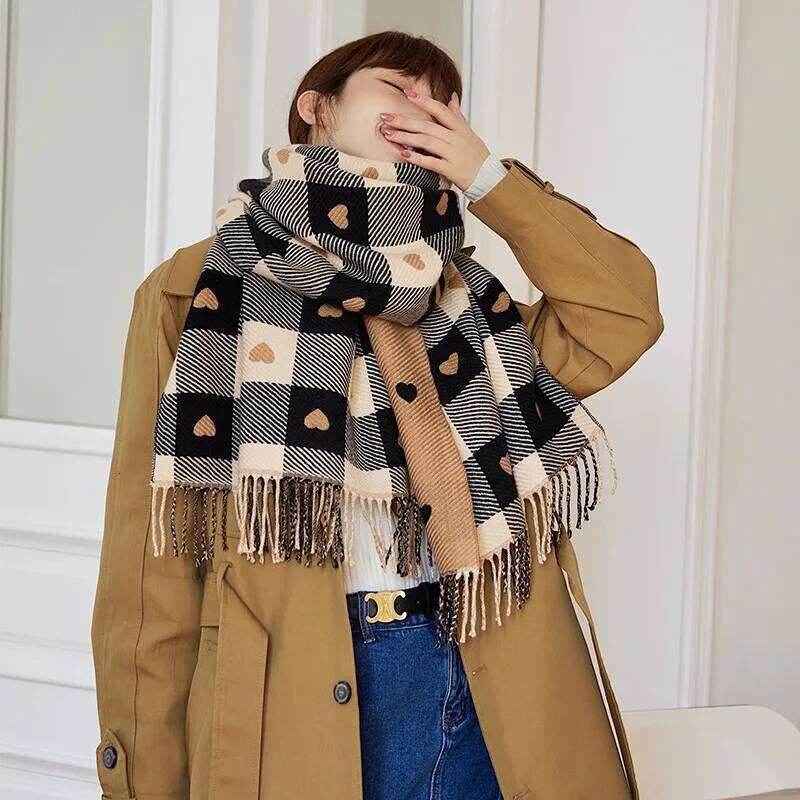 1 Autumn and Winter Heart-Patterned Women's Plaid Comfortable Scarf, Thick Large Blanket Shawl Scarf Z260226
