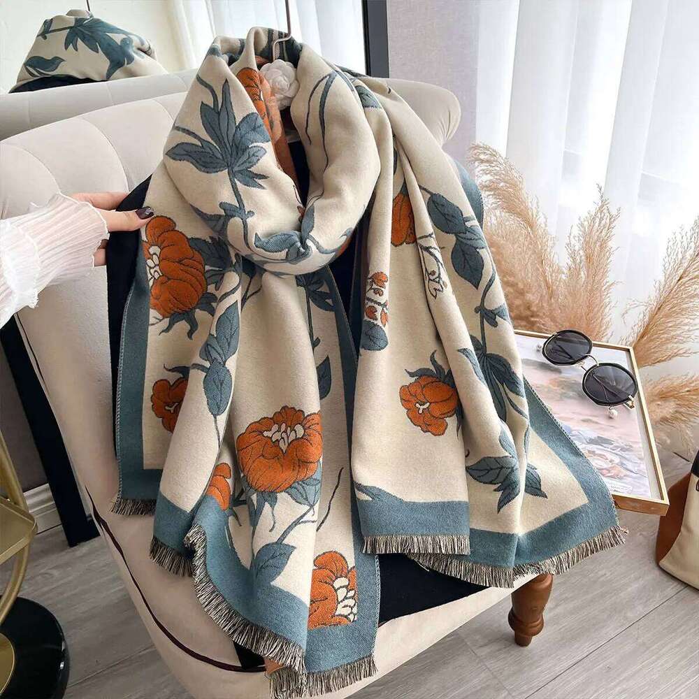 Elegant Floral Jacquard Pashmina Imitation Cashmere Scarf Winter Thick Warm Two-Sided Shawl Coldproof Windproof Blanket Z260226