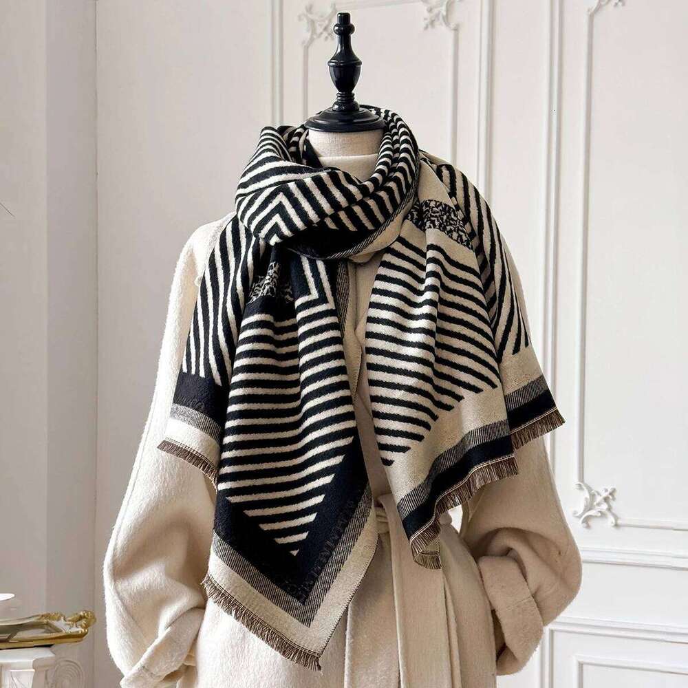 New Luxury Women's Winter Warmer Two-Sided Geometry Imitation Pashmina Scarf - Female Thick Blanket Wraps Shawls Foulard Z260226