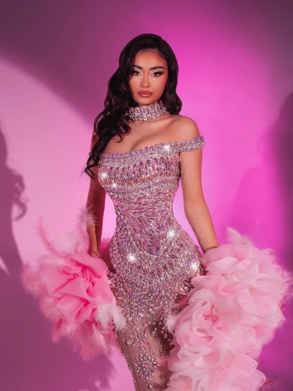 Glamorous Off Shoulder Evening Dresses Crystal Illusion Prom Dress Feather Ruffle Shawl Customized Party Gowns Vestidos De Noche Plus Size