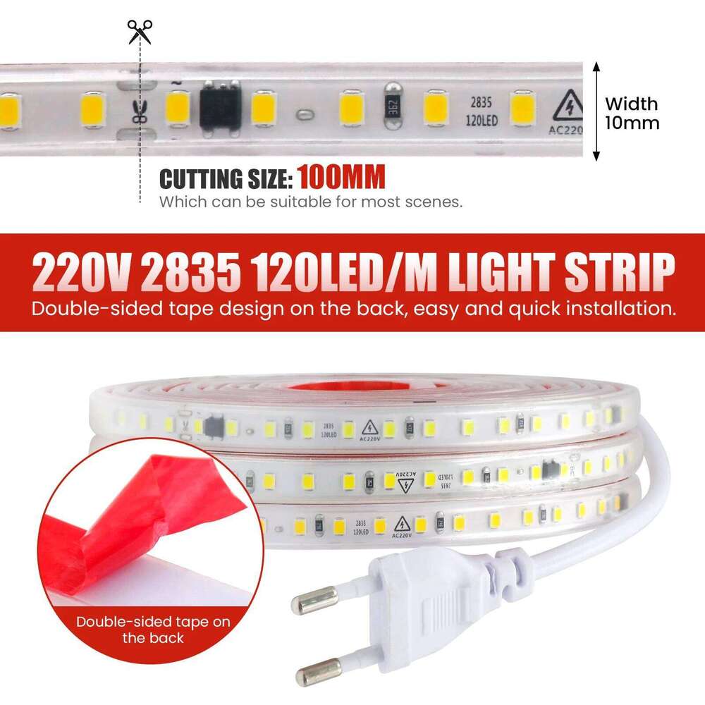 IP65 Waterproof LED Strip Light 220V SMD2835 120LEDs/m Flexible Ribbon Adhesive Tape Lamp Cuttable Warm Cool White with EU Plug Z260226