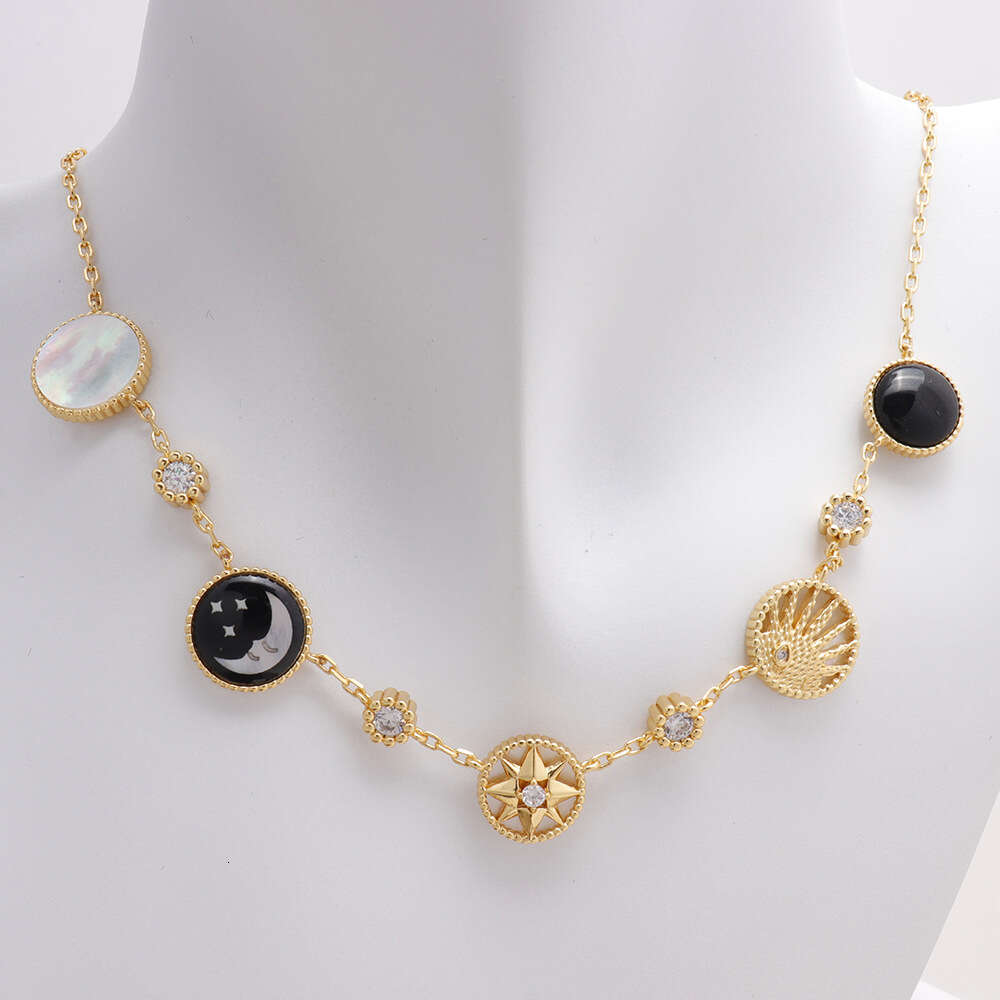 Black Agate and White Shell Necklace Designer Moon Compass Women's Necklace Niche Designer Octagonal Star Jewelry