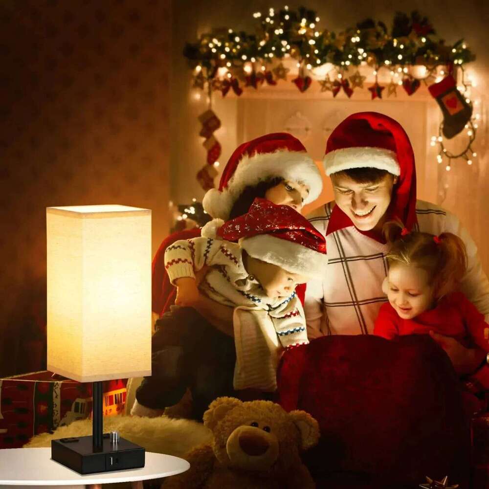 LED Desk Fully Dimmable Bedside Lamps with USB C+A Charge Ports Eye Protection Reading Light Table Lamp Grey Fabric Shade Z260227