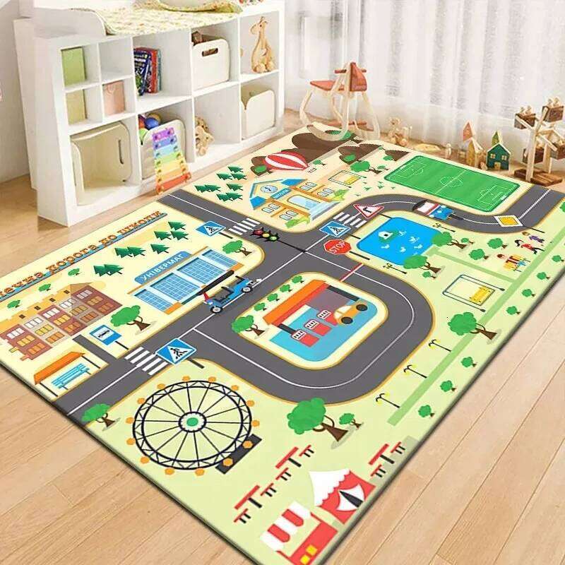 Vibrant City Map Kids Play Mat with Roads Buildings Educational Toddler Activity Rug Colorful Traffic Floor Carpet for Playroom H260226