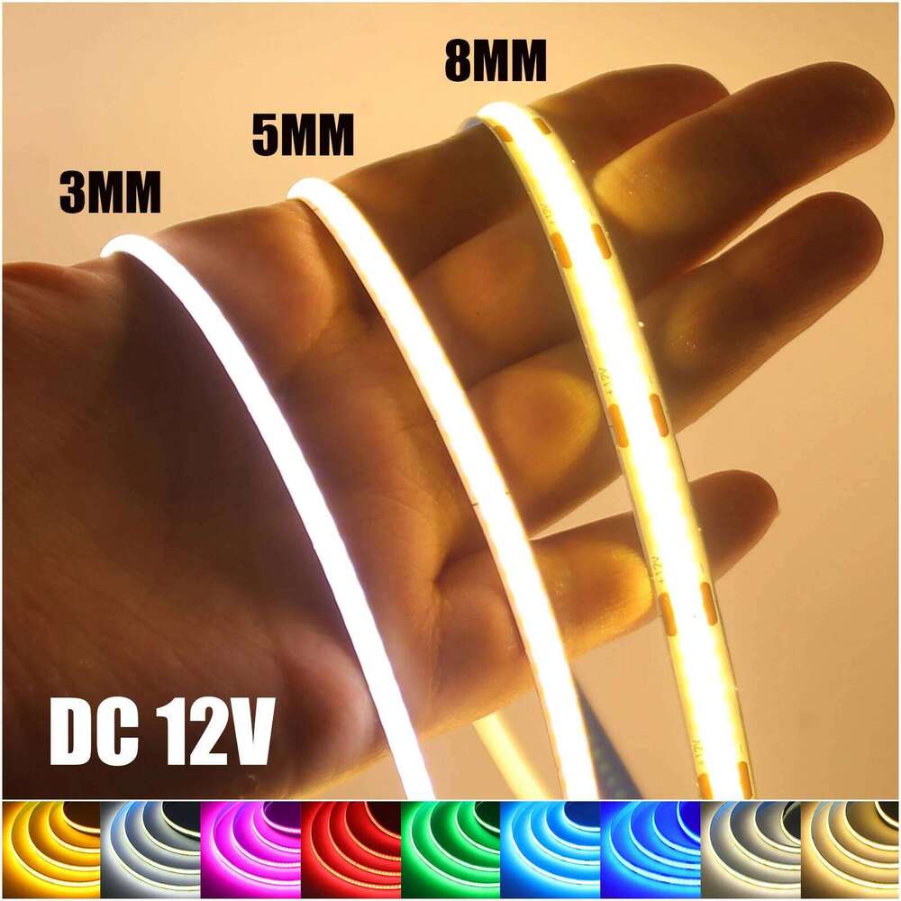 DC 12V COB LED Strip Light for Home Decor 3MM 5MM 8MM 0.5-5M 9 Color White/Red/Blue/Pink/Green Flexible Ribbon TV Backlight Rope Z260226