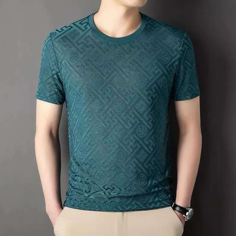 Men's T-shirt Ice Silk Jacquard Crew Neck Teal Color For Temperament Retro Pattern Lightweight Breathable Clothing Daily Outfit