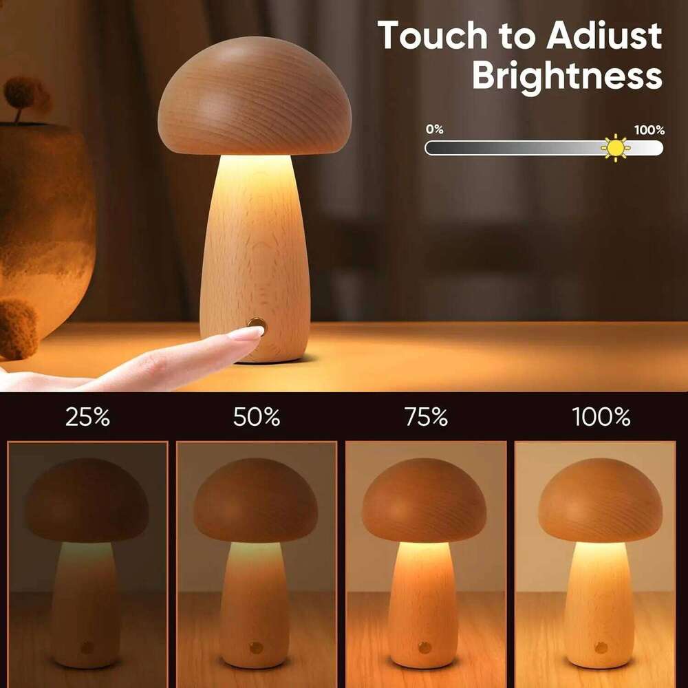 Wooden Creative Mushroom Night Light Stepless Dimming Bedside Table Lamp 3 Color Rechargeable Sleeping Nightlights For Room Z260227
