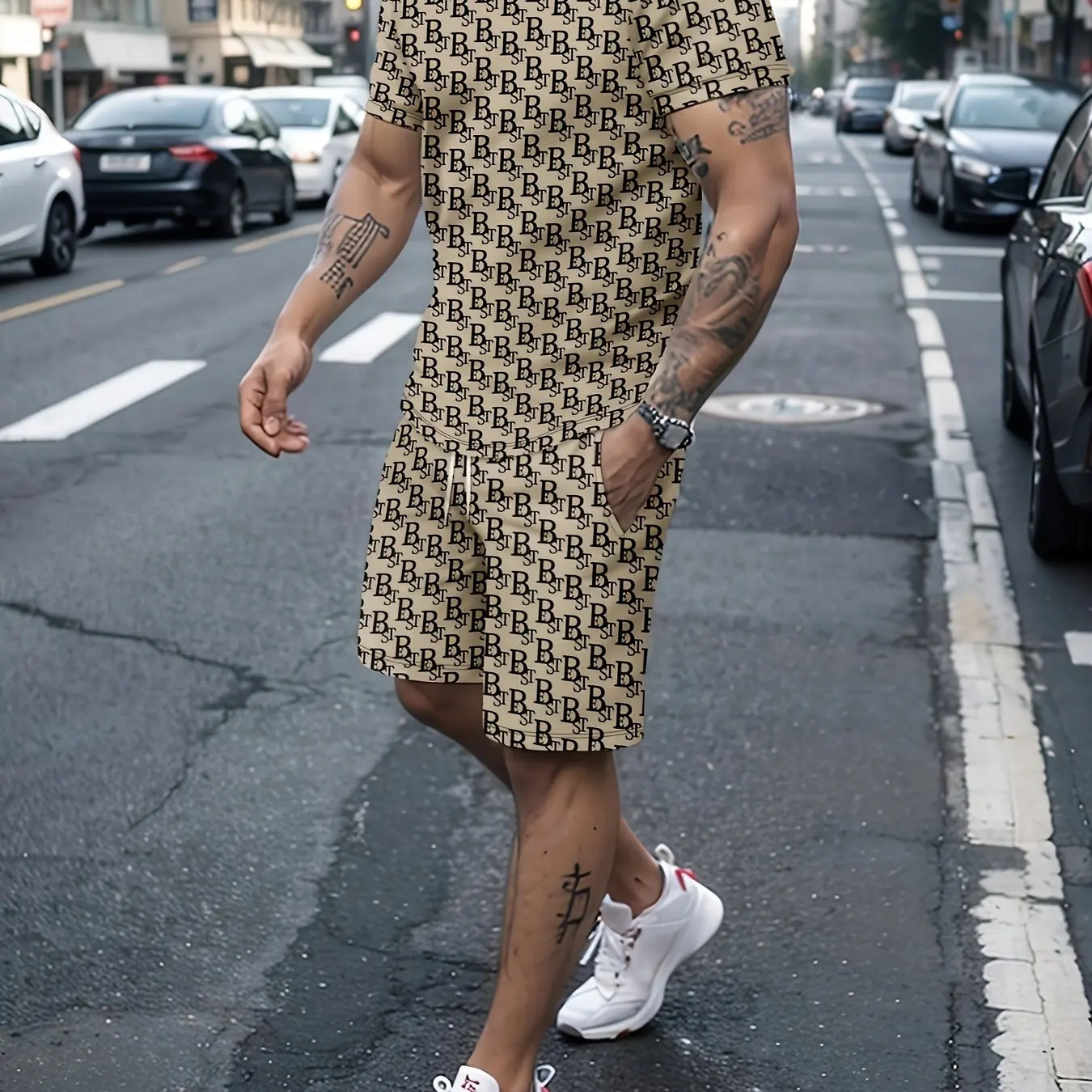 Fashion Art Aesthetics Carton People Print Tracksuit for Men Summer Mens Beach Jogging Sets Casual O-neck Tshirt Shorts Set 260227