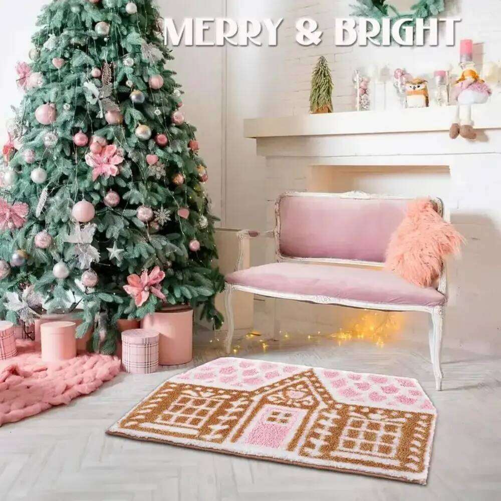 VIKAMA Christmas Gingerbread House Wool-like Carpet Water-Resistant Soft Bath Mat Bedside Rug for Bedroom Winter Home Decoration H260226