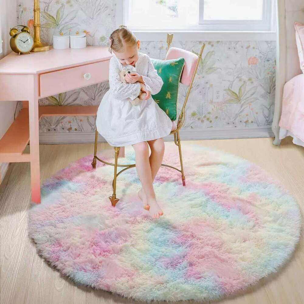 100/120/140/160 Round Rug Fluffy Soft Area Rugs for Kids Girls Room Princess Castle Plush Shag Carpet Cute Circle Bedroom Decor H260227