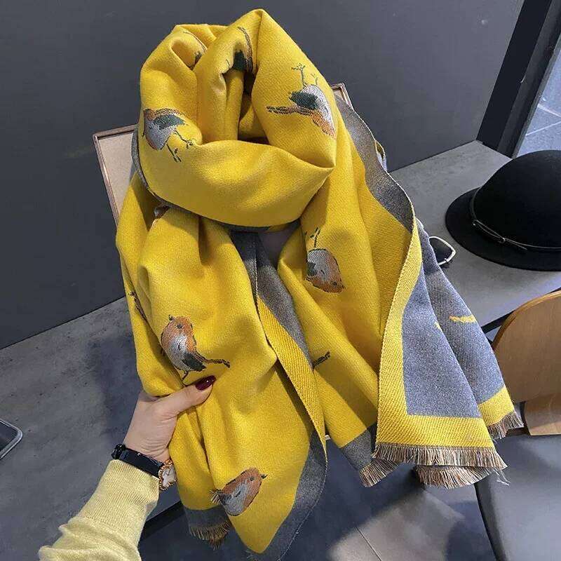 2023 New Women Winter Scarf Cashmere Pashmina Shawls and Wraps Bufandas Bird Print Warm Thick Scarves Blanket for Lady Z260226