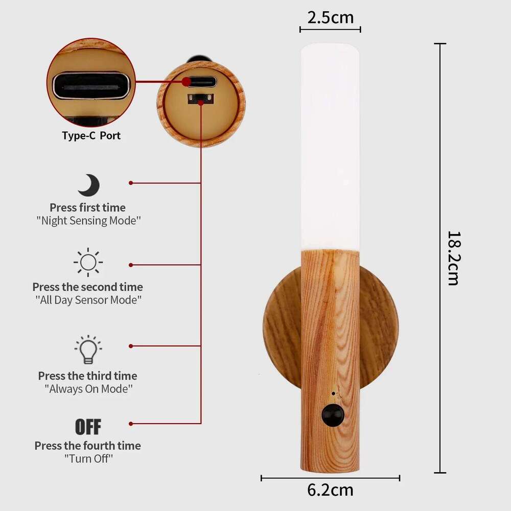 Intelligent Motion Sensor USB Rechargeable Wooden Magnetic LED Lamp Human Induction Cabinet Wardrobe Lighting Night Light Z260227