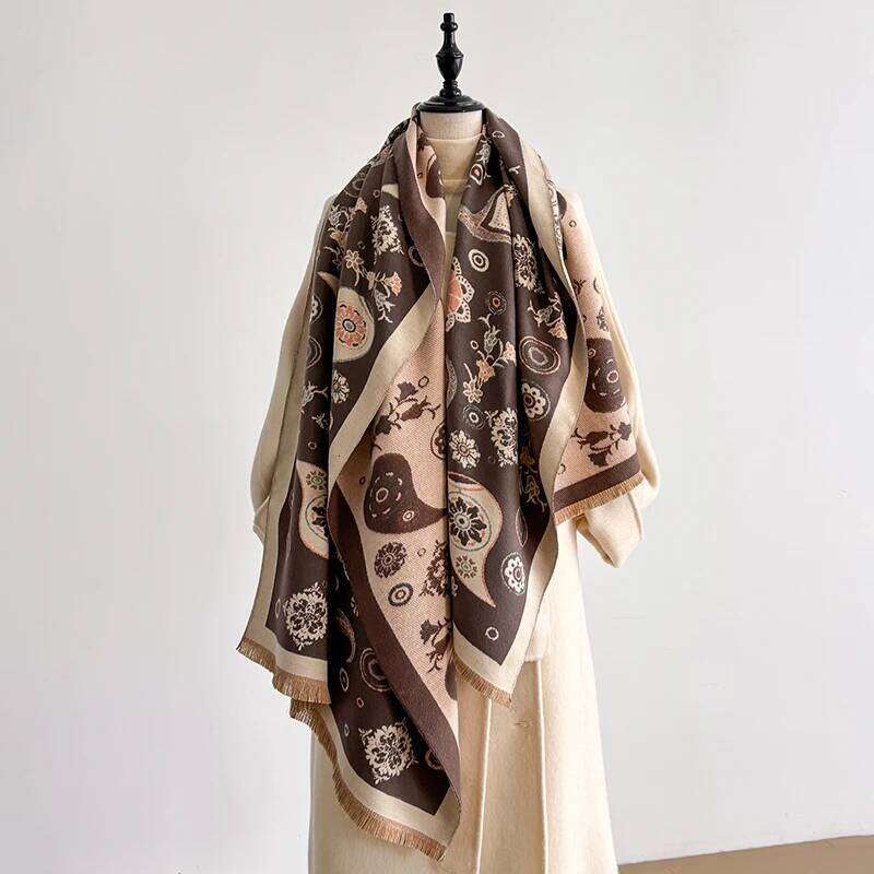 Women's Faux Cashmere Winter Scarf - Patterned with Cashew Flowers, Thick Warm Blanket Scarf, Fashionable & Luxurious Z260226