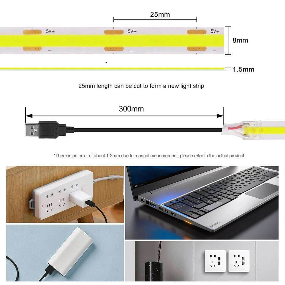 5V COB LED Strip Light With USB 2PIN Wire DC Plug 8MM 320LED High Density Flexible Tape 3000K 4000K 6000K Warm Natural White Z260226