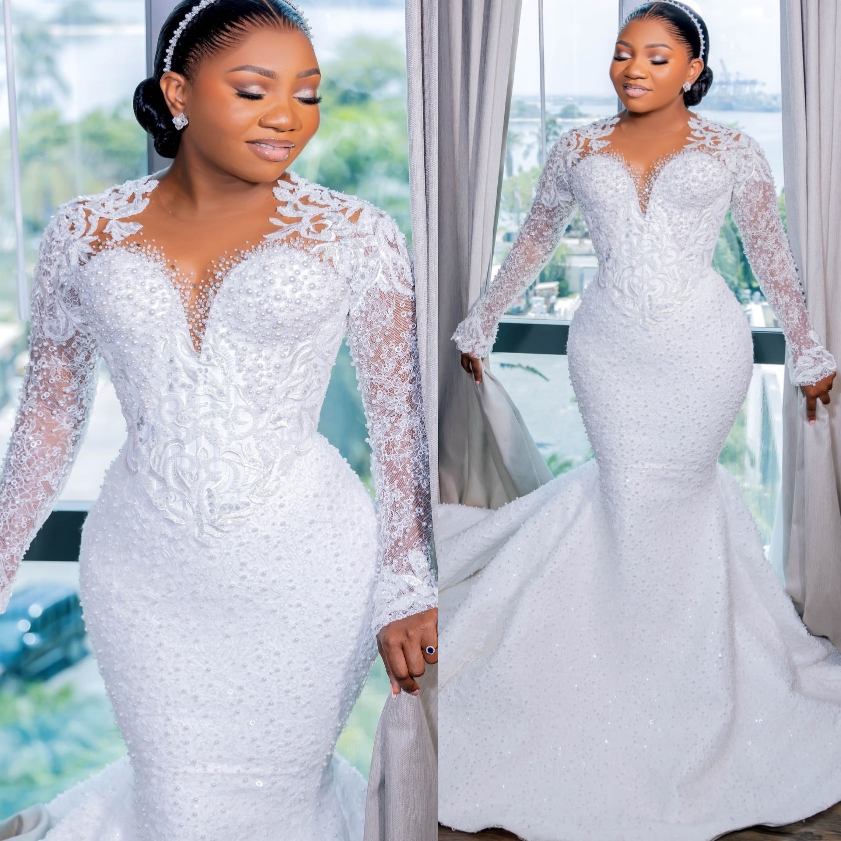 African Aso Ebi 2026 Ivory Mermaid Wedding Dress Pearls Lace Sheer Neck Full Sleeves Sequined Vintage Charming Bridal Gowns Dresses ZJ0277