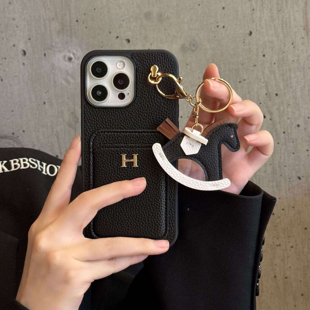 Luxury phone caseNew Card Slot + Rocking Horse iPhone 17 Lychee Texture Genuine Leather Feel Compatible with Samsung S25 Protective Case