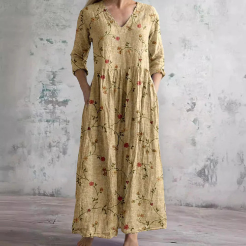 Q0010 Spring new pocket women's dress Amazon cross-border European and American women's clothing loose v-neck fashion high-end