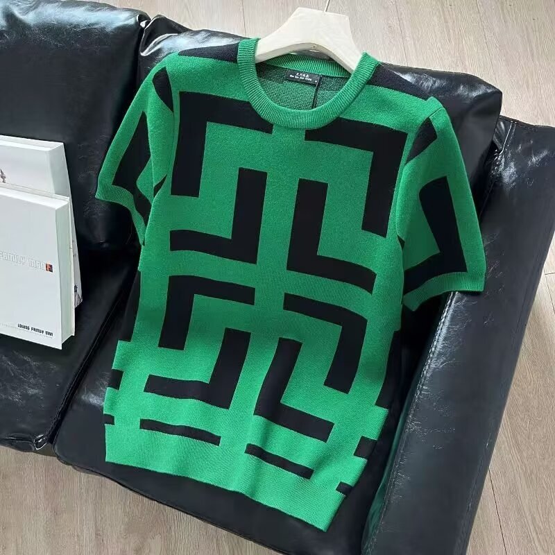 Luxury Brand Designer Clothes Summer Short Sleeve Sweater Men Half Sleeve Knitted Shirt Thickened Geometric Pattern New Street Style Slim Fit Round Ne