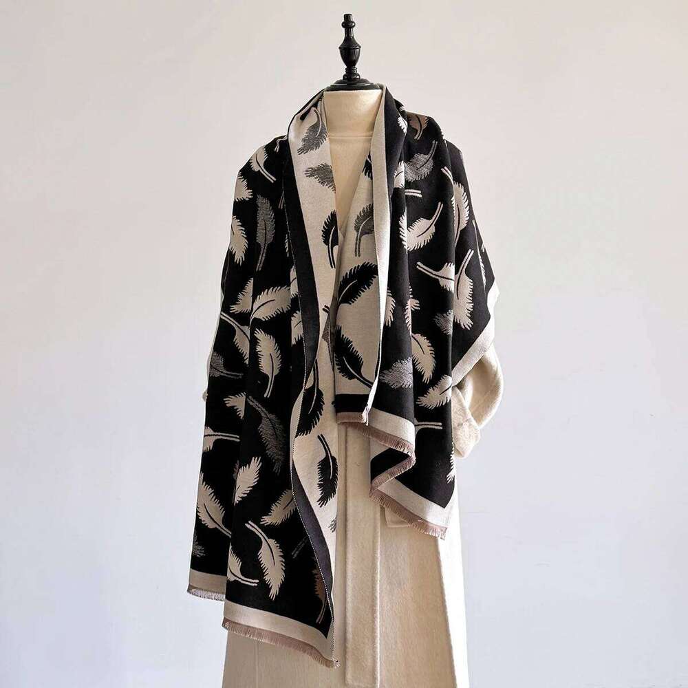 Women's Winter Faux Cashmere Thick Feather-Cashew Flower Design Warm Blanket Scarf Fashionable Luxurious Accessory Z260226