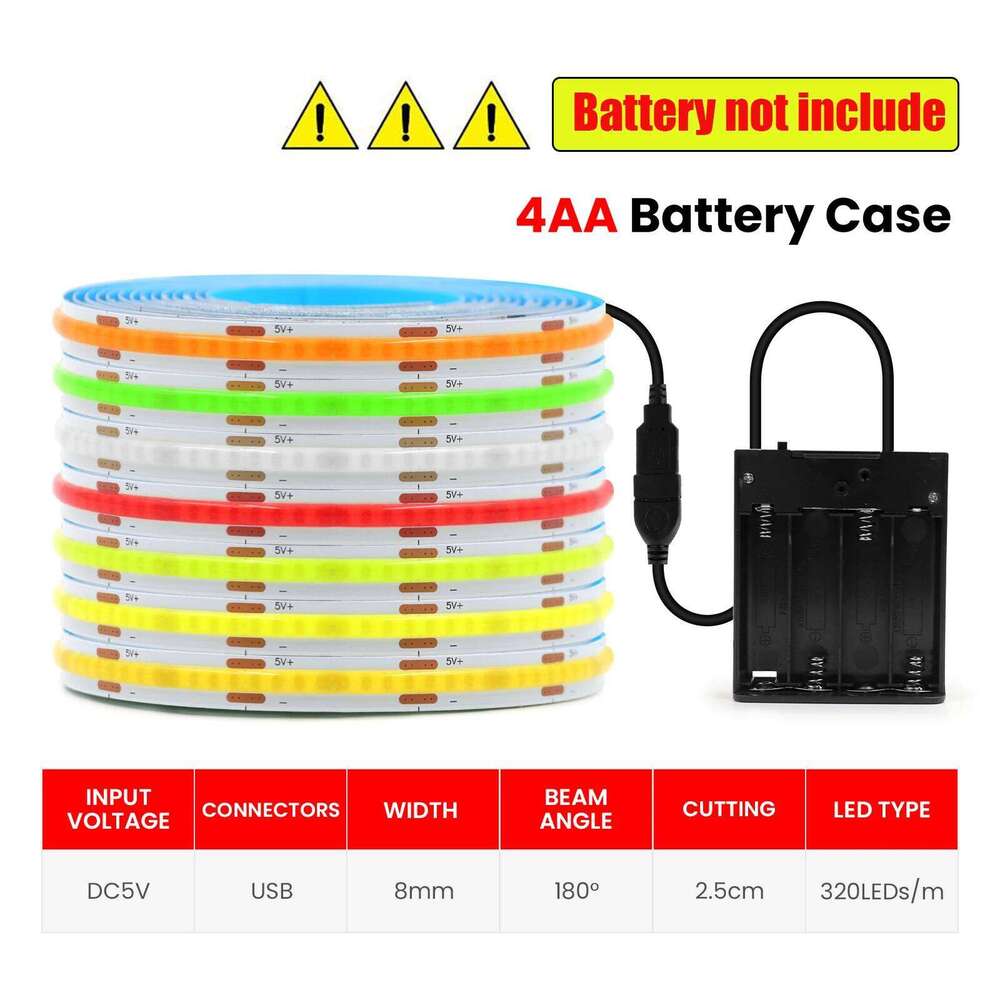 DC 5V USB COB Strip With 4AA Battery Box White/Red/Ice Blue/Pink/Yellow 320Leds/M 0.5M-5M TV Backlight Ribbon Rope LED Light Z260226