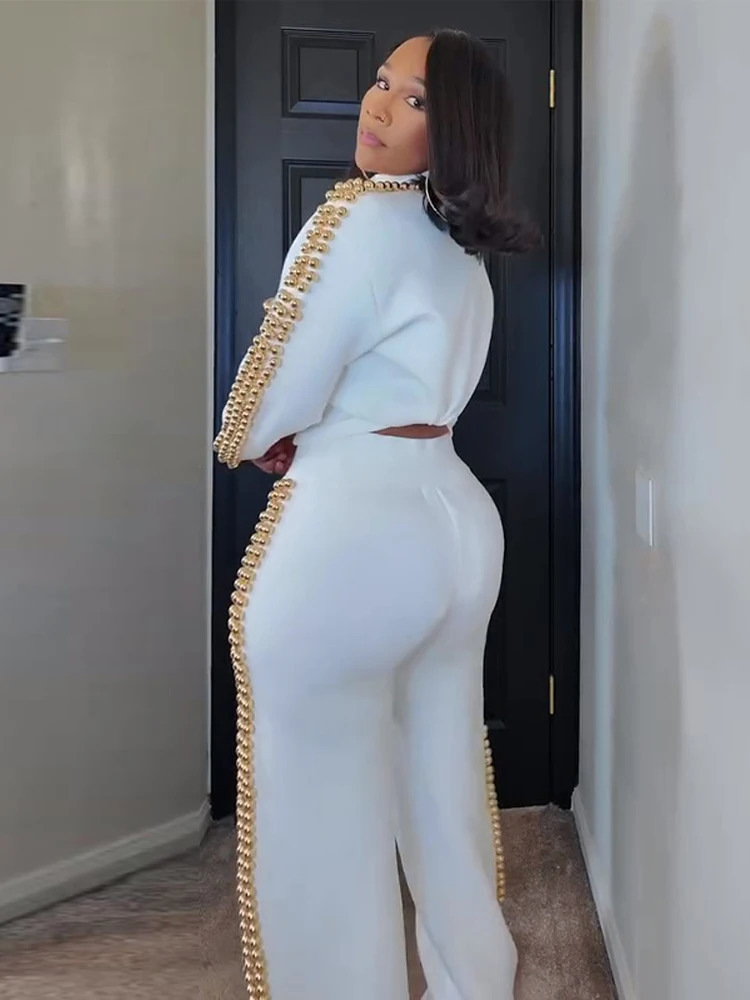 Womens Pants Set Round-Neck Tops Pearl-Trim Wide-Leg Fashion Oversized Elegant 2-Piece Outfit Spring Fashion Woman Clothes260227