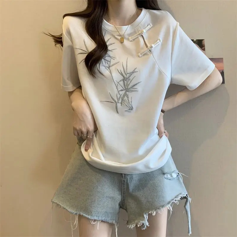 Chinese Style Bamboo Embroidery Frog Button Short Sleeve Tshirt Womens Summer Loose Slim Top 260227