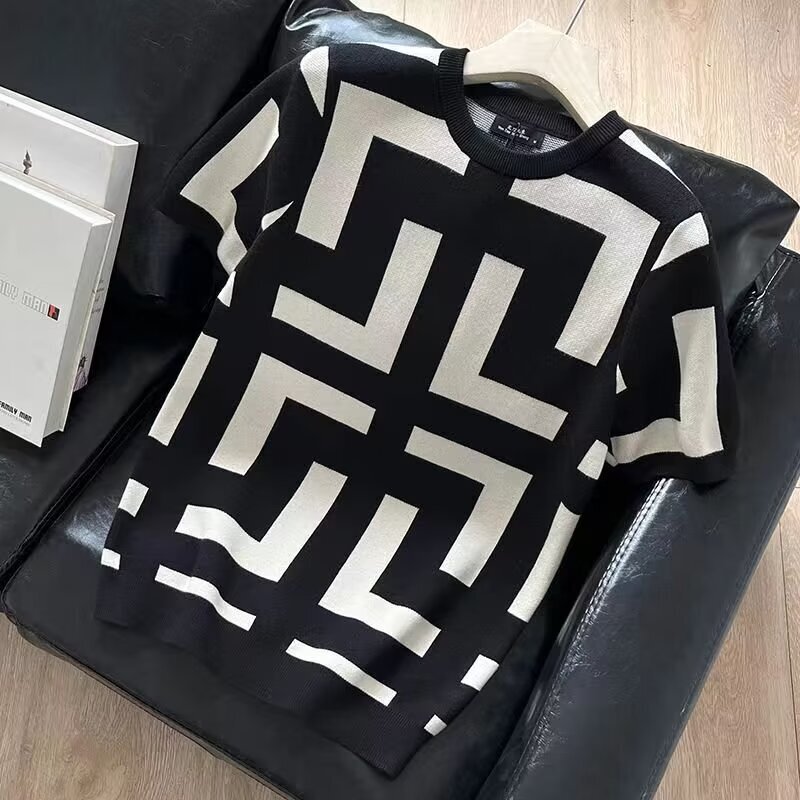 Luxury Brand Designer Clothes Summer Short Sleeve Sweater Men Half Sleeve Knitted Shirt Thickened Geometric Pattern New Street Style Slim Fit Round Ne