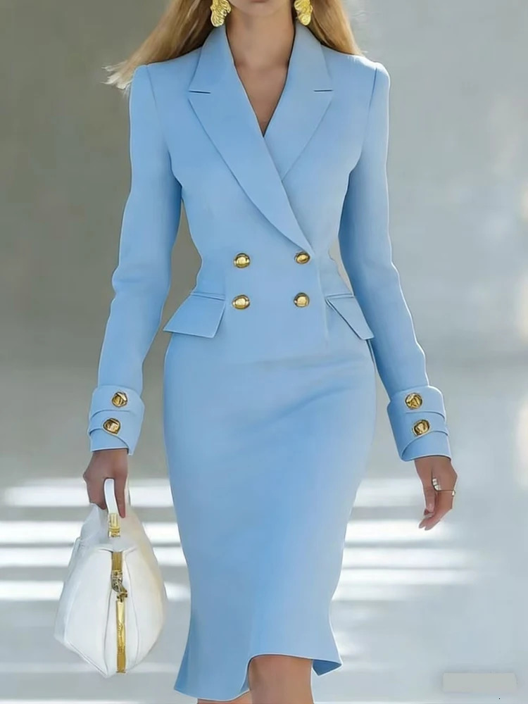 Elegant V-neck Double breasted Blazer Dress Fashion Commute Hight Waist Solid Party Dress Lady Casual Long Sleeve Wrap Hip Dress 260227