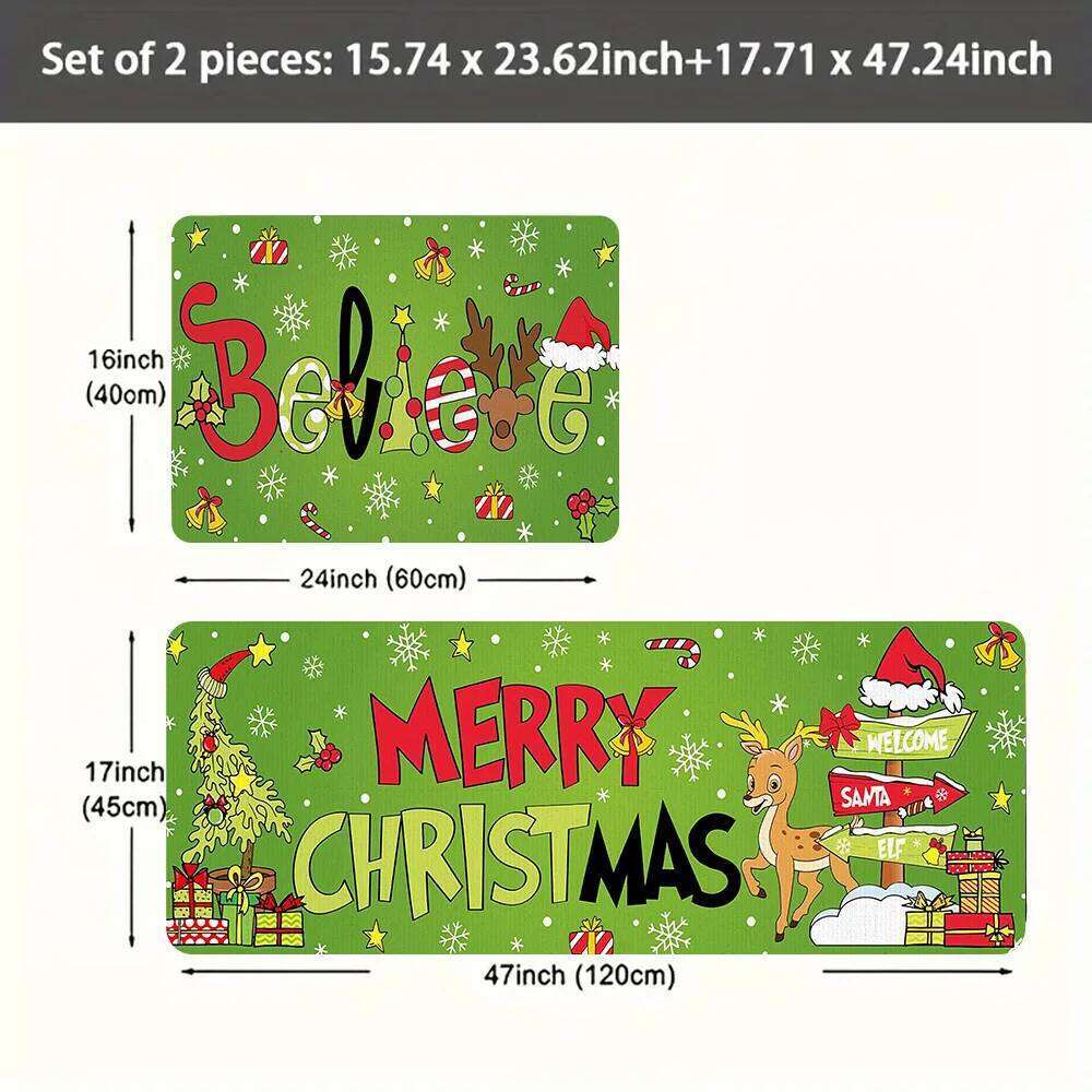 VIKAMA 2pc Christmas Reindeer Snowflake Pattern Rug, Warm Non-Slip, Dirt-Proof Carpet, Home Decor, For Kitchen & Laundry Room H260226