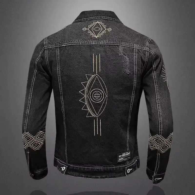 Mens Vintage Motorcycle Denim Jacket Spring Autumn Slim Loose Fit Embroidered Lapel Cotton Casual Black Blue Trendy Fashion C260227