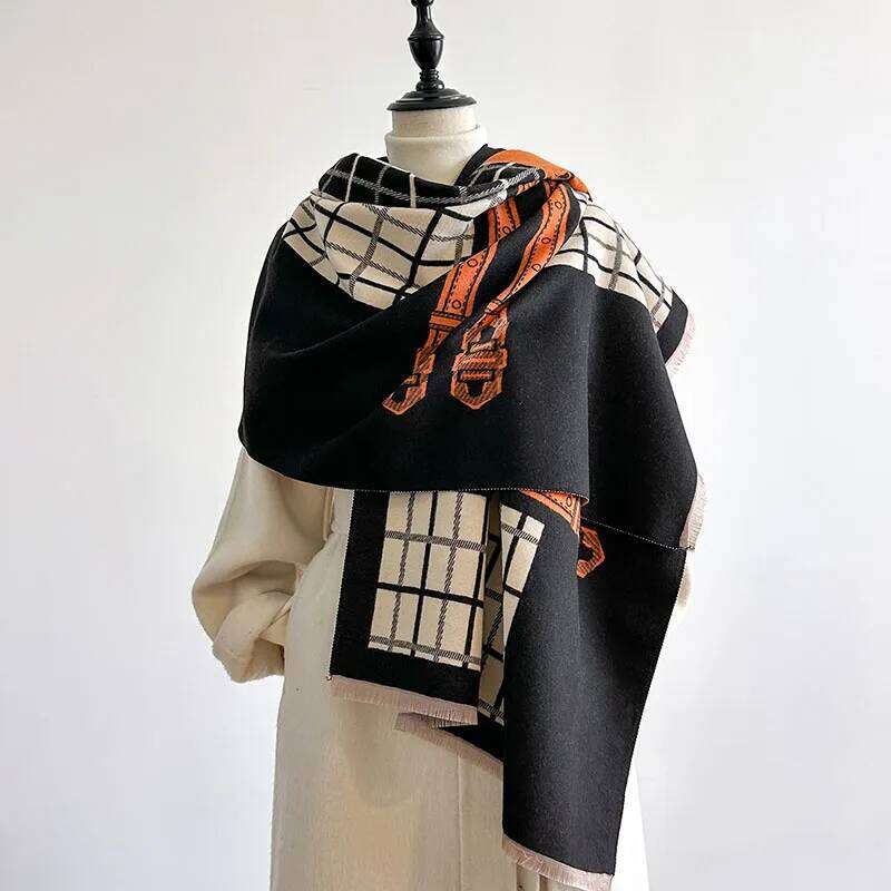 New Luxury Belt&Plaid Horse Scarf Women Winter Warmer Pashmina Scarves Two-Sided check Shawl Female Thick Blanket Wraps Foulard Z260226