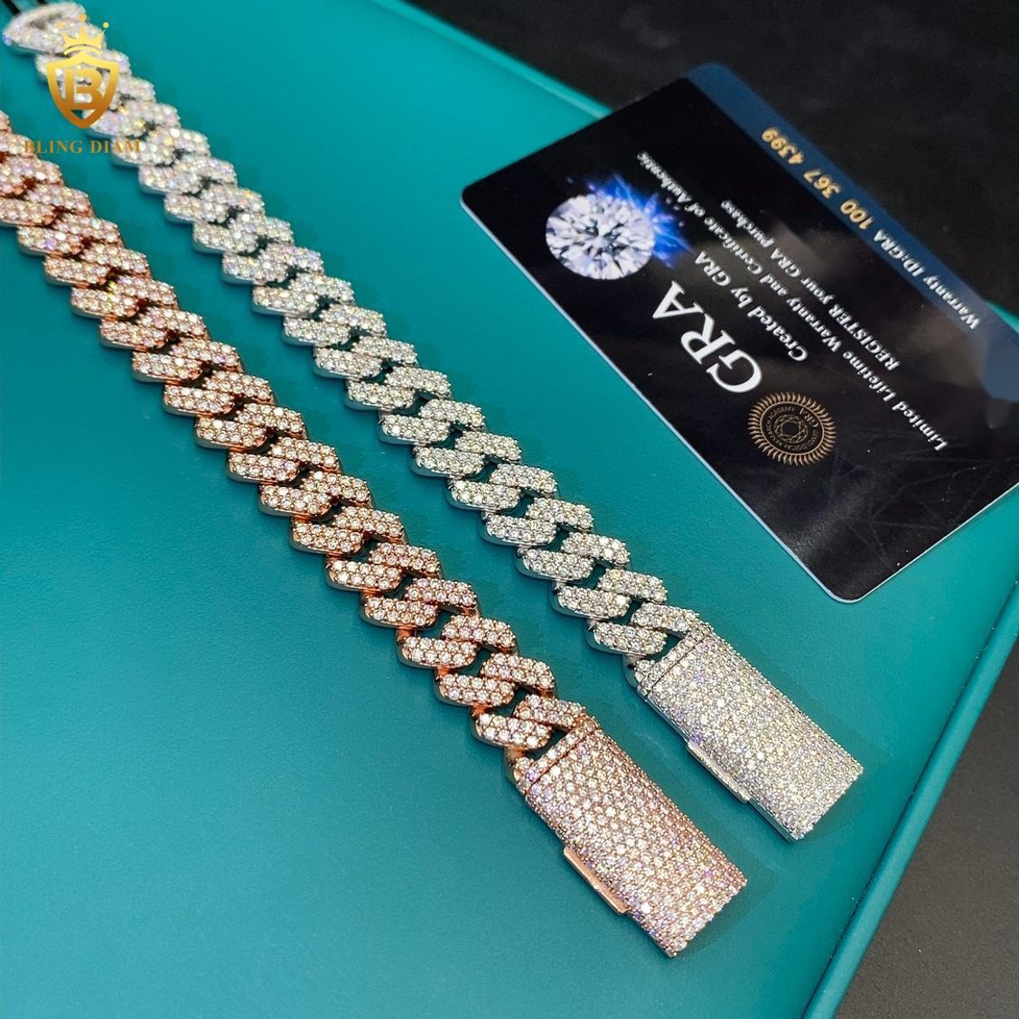 Sterling Silver Chain 12mm Bracelets Cuban Link Chain Rose Gold Plated Vvs Moissanite Chain Hiphop Men Moissanite Cuban Link