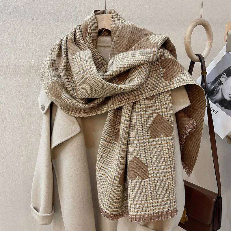 2024 New Double Side Cashmere Winter Women's Love Heart Plaid Ladies Long Thickened Warm Knitted Scarf Hijab Stole Z260226