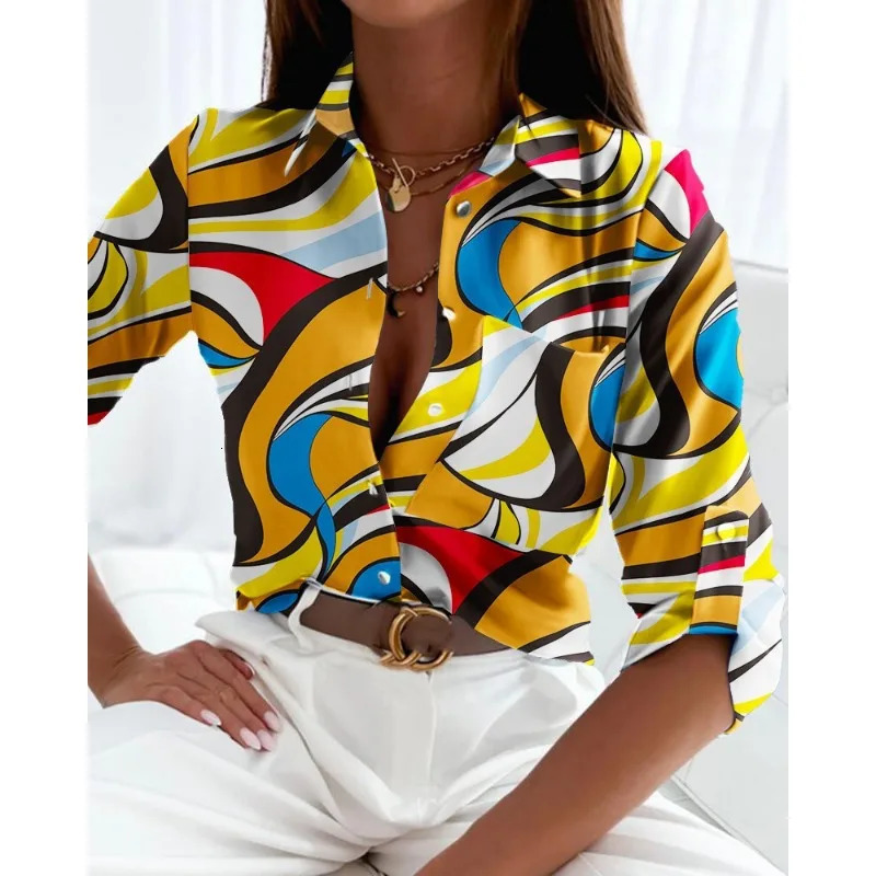 Elegant Womens Shirt Spring/Summer Womens Commuter Long Sleeved Shirt Fashion Printed Lapel Holiday Casual Shirt 260227